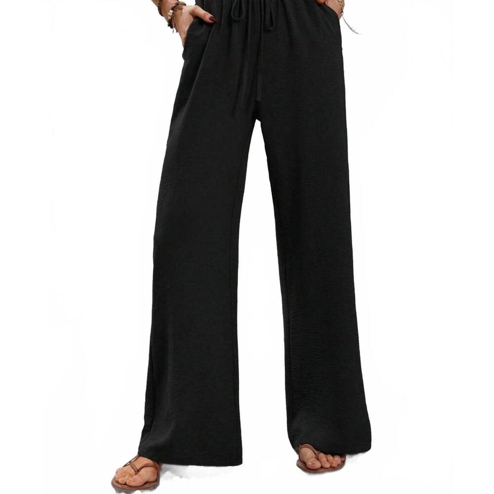 NEW TRENDSI casual drawstring wide leg pants in black